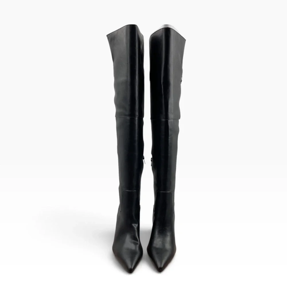 Wild Pair Womens Black Faux Leather Over The Knee Buckle Moto Boots Pointed Toe